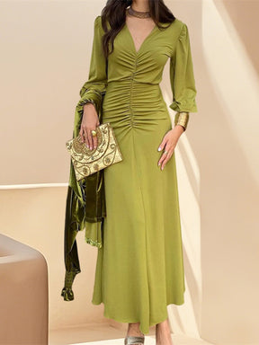 Chic V - Neck Ruched Long Sleeve Dress - Olive Green - GlowéChic V - Neck Ruched Long Sleeve Dress - Olive GreenGlowéDresses