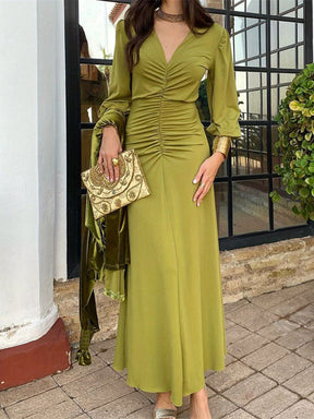 Chic V - Neck Ruched Long Sleeve Dress - Olive Green - GlowéChic V - Neck Ruched Long Sleeve Dress - Olive GreenGlowéDresses