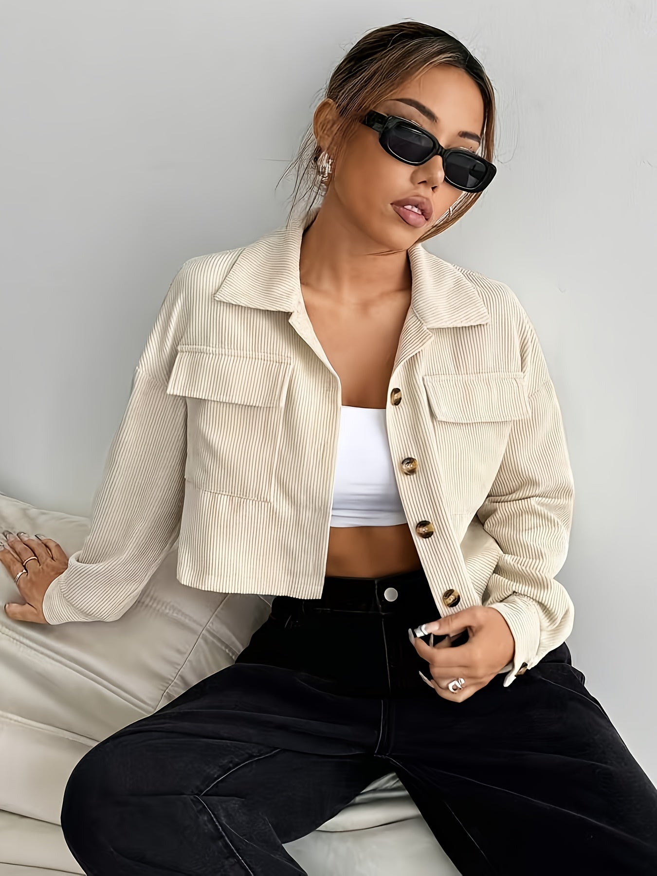 Elegant Beige Bomber Jacket with Button Details for Women - GlowéElegant Beige Bomber Jacket with Button Details for WomenGlowéCoats & Jackets