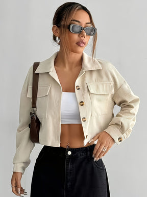 Elegant Beige Bomber Jacket with Button Details for Women - GlowéElegant Beige Bomber Jacket with Button Details for WomenGlowéCoats & Jackets