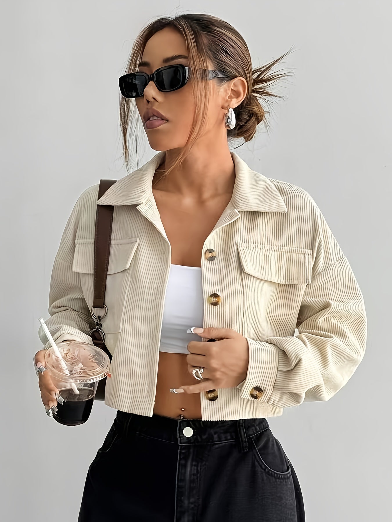 Elegant Beige Bomber Jacket with Button Details for Women - GlowéElegant Beige Bomber Jacket with Button Details for WomenGlowéCoats & Jackets