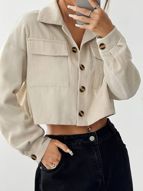 Elegant Beige Bomber Jacket with Button Details for Women - GlowéElegant Beige Bomber Jacket with Button Details for WomenGlowéCoats & Jackets